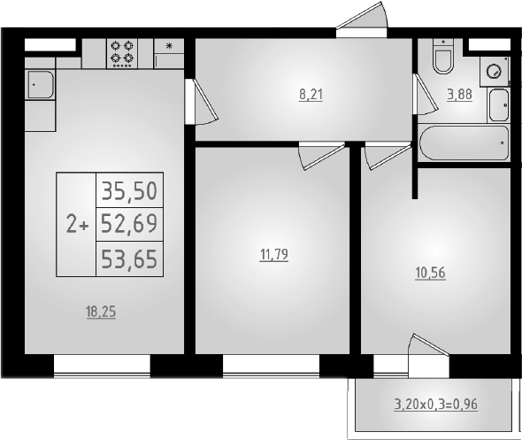 3-комн., 52.69 м², 7/8 этаж, ЖК «Мега 2»