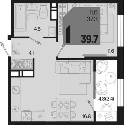 1-комн., 37.3 м², 7/18 этаж, ЖК «Первое место»