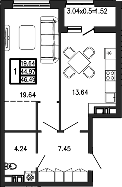 1-комн., 44.98 м², 2/9 этаж, ЖК «Суворов»