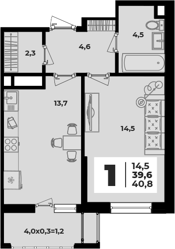 1-комн., 39.6 м², 1/8 этаж, ЖК «Родной дом 5»