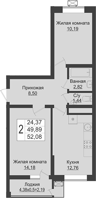 2-комн., 49.89 м², 15/16 этаж, ЖК «Зеленый театр»