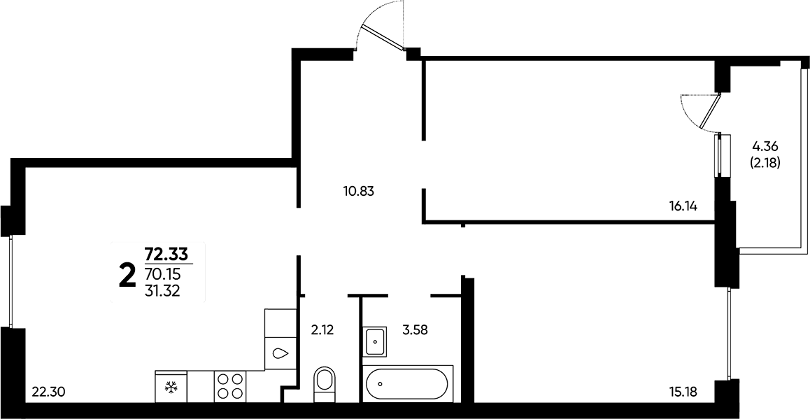 Продается 2-комн. квартира, 70.15 м²