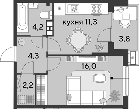 1-комн., 38 м², 9/9 этаж, ЖК «Парк Победы»
