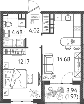 1-комн., 34.2 м², 9/9 этаж, ЖК «Друзья»