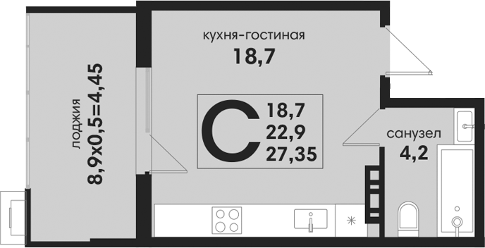 Студия, 22.9 м², 3/4 этаж, ЖК «Новая Елизаветка»