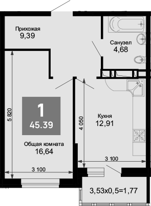 Продается 1-комн. квартира, 43.62 м²