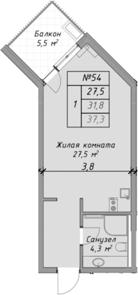 Студия, 31.8 м², 3/4 этаж, ЖК «Оазис Азова»