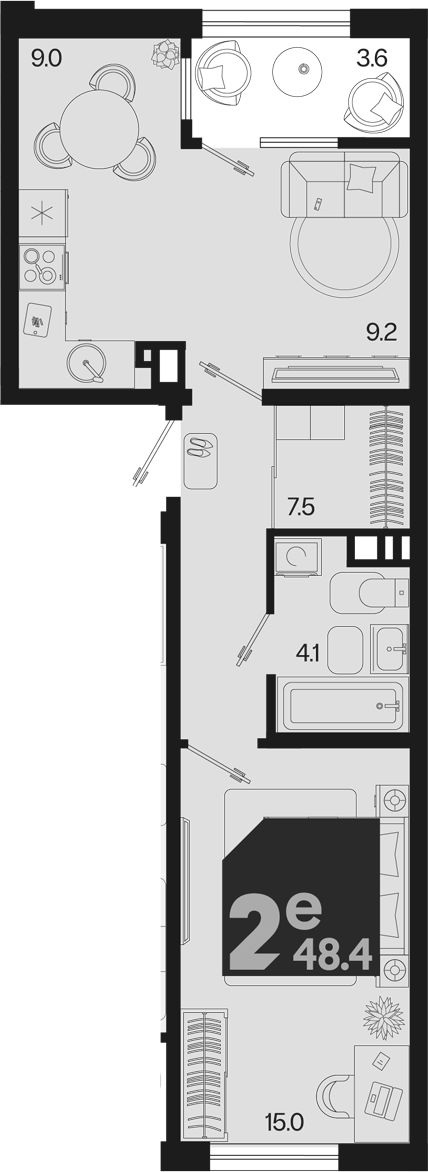 2-комн., 44.8 м², 3/9 этаж, ЖК «Первое место»