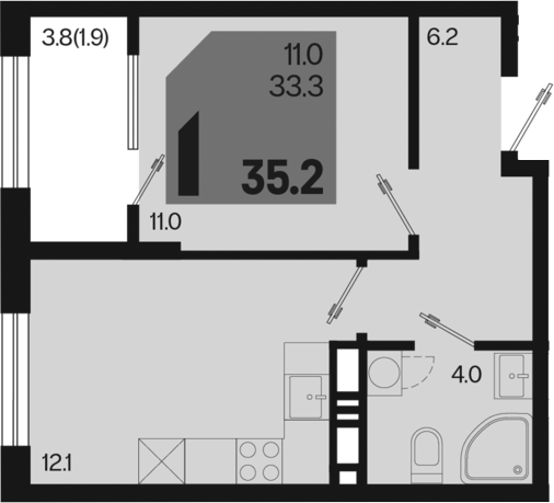 1-комн., 33.3 м², 16/18 этаж, ЖК «Первое место»
