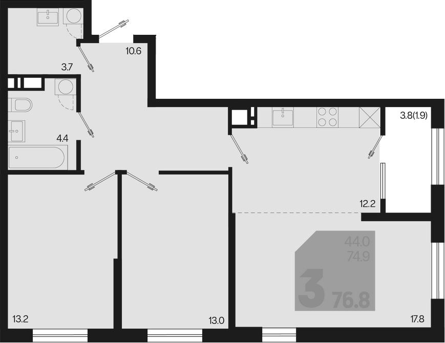 3-комн., 74.9 м², 18/18 этаж, ЖК «Первое место»