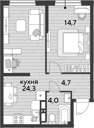 1-комн., 47.7 м², 11/19 этаж, ЖК «DОГМА ПАРК»