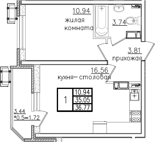 2-комн., 35.05 м², 7/23 этаж, ЖК «Урал»