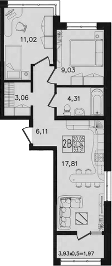 3-комн., 51.34 м², 9/14 этаж, ЖК «Яблоневый»