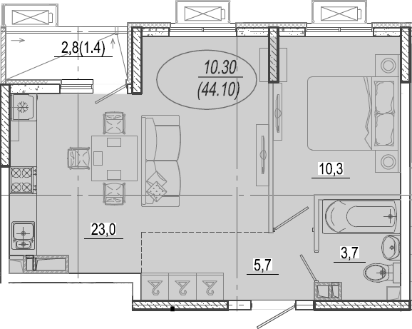2-комн., 42.7 м², 9/9 этаж, ЖК «Микрорайон Южане»