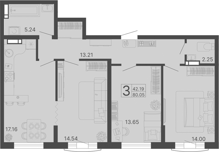 3-комн., 80.05 м², 14/17 этаж, ЖК «Светский лес»
