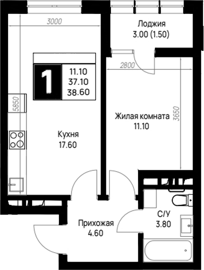 1-комн., 37.1 м², 4/9 этаж, ЖК «На высоком берегу»