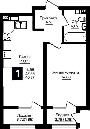 1-комн., 43.53 м², 4/9 этаж, ЖК «Резиденция морей»