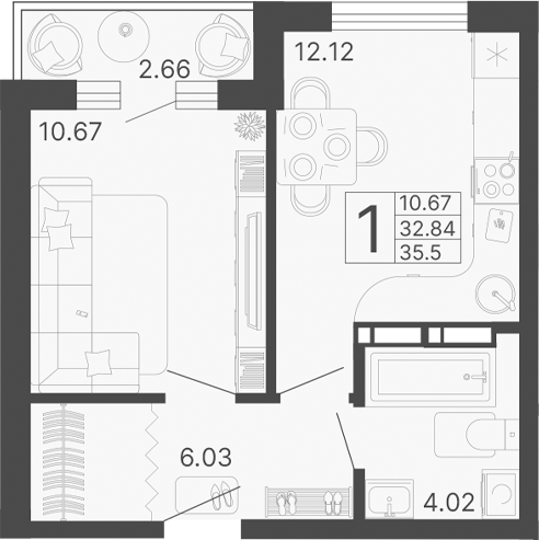 1-комн., 32.84 м², 10/17 этаж, ЖК «Светский лес»