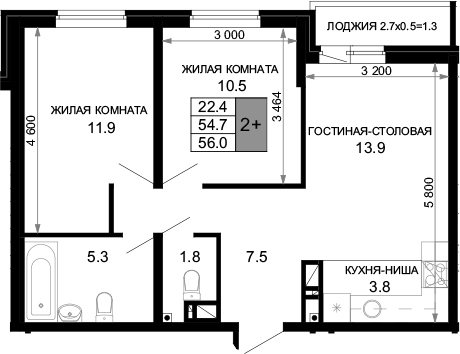 3-комн., 54.7 м², 3/16 этаж, ЖК «Дыхание»