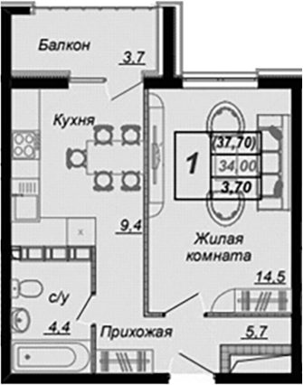 1-комн., 34 м², 12/15 этаж, ЖК «Чайные Холмы»
