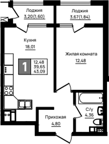 1-комн., 39.65 м², 3/18 этаж, ЖК «Резиденция морей»