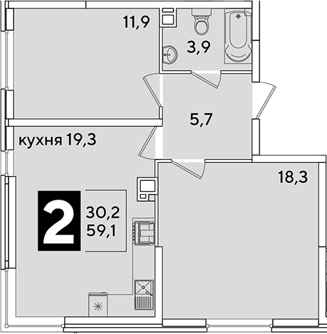3-комн., 59.1 м², 5/16 этаж, ЖК «Самолет»