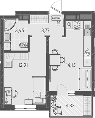 1-комн., 34.78 м², 11/16 этаж, ЖК «Теплые края»