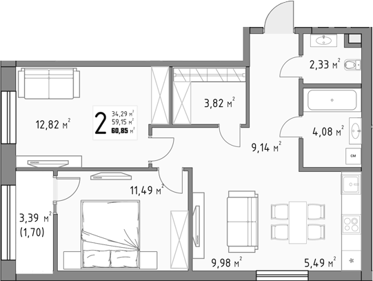 2-комн., 59.15 м², 3/9 этаж, ЖК «Коллекция»