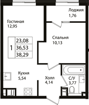 2-комн., 36.53 м², 7/9 этаж, ЖК «Патрики»