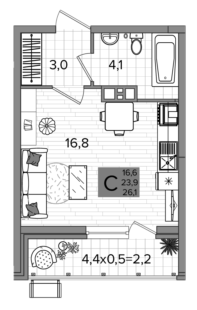 Студия, 23.9 м², 9/16 этаж, ЖК «Сармат»