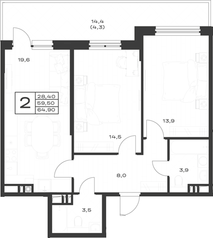 2-комн., 63.5 м², 1/4 этаж, ЖК «ЭкоСфера. ГК Во-первых»