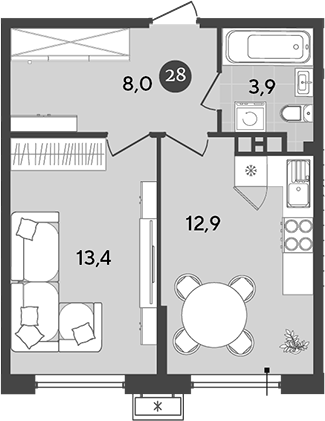 1-комн., 38.2 м², 9/18 этаж, ЖК «Порто-Ново»