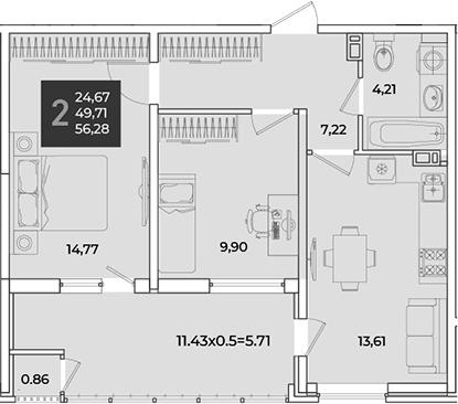 2-комн., 50.57 м², 3/18 этаж, ЖК «Образцово»
