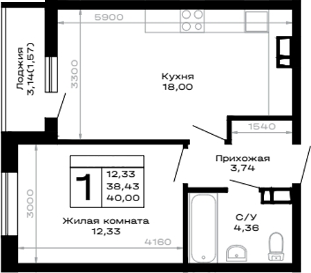 1-комн., 38.43 м², 10/14 этаж, ЖК «Горные высоты»