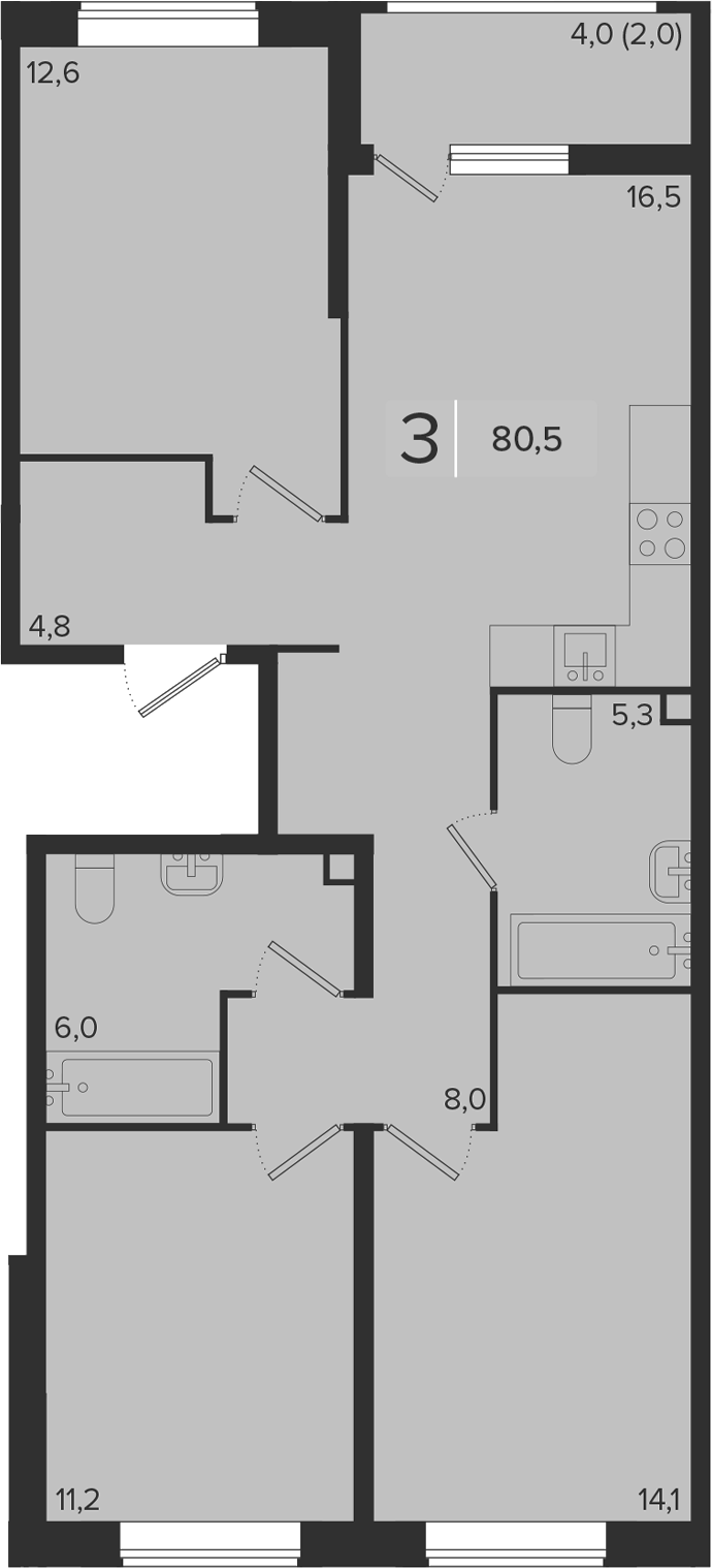 3-комн., 78.5 м², 2/9 этаж, ЖК «Эрмитаж»