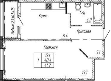 1-комн., 40.4 м², 2/9 этаж, ЖК «Архитектор. ГК ЮгСтройИнвест»
