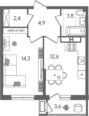 1-комн., 38 м², 12/24 этаж, ЖК «Рекорд»