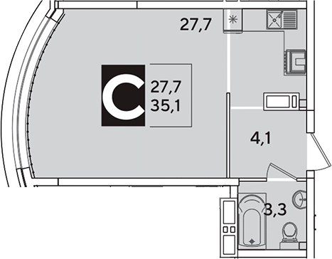 Студия, 35.1 м², 12/16 этаж, ЖК «Самолет»