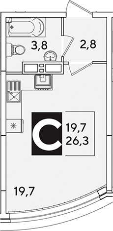 Студия, 26.3 м², 13/16 этаж, ЖК «Самолет»