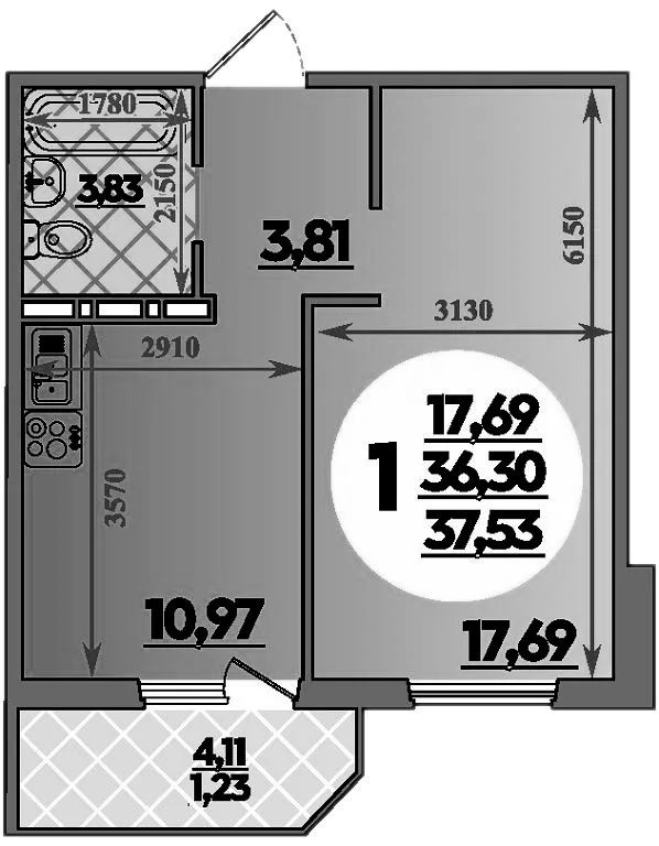 1-комн., 36.3 м², 9/9 этаж, ЖК «Южная долина»