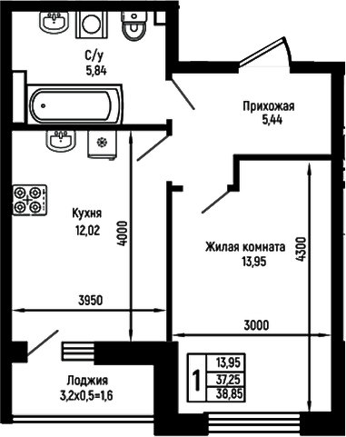 1-комн., 37.25 м², 7/9 этаж, ЖК «Ботаника Хиллс»