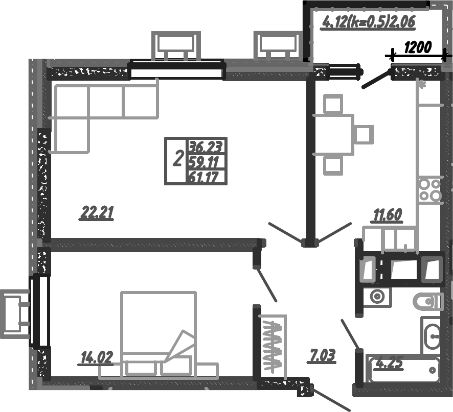 2-комн., 61.03 м², 21/24 этаж, ЖК «Родные Просторы»