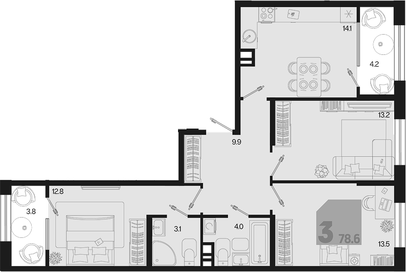 3-комн., 70.6 м², 3/9 этаж, ЖК «Первое место»