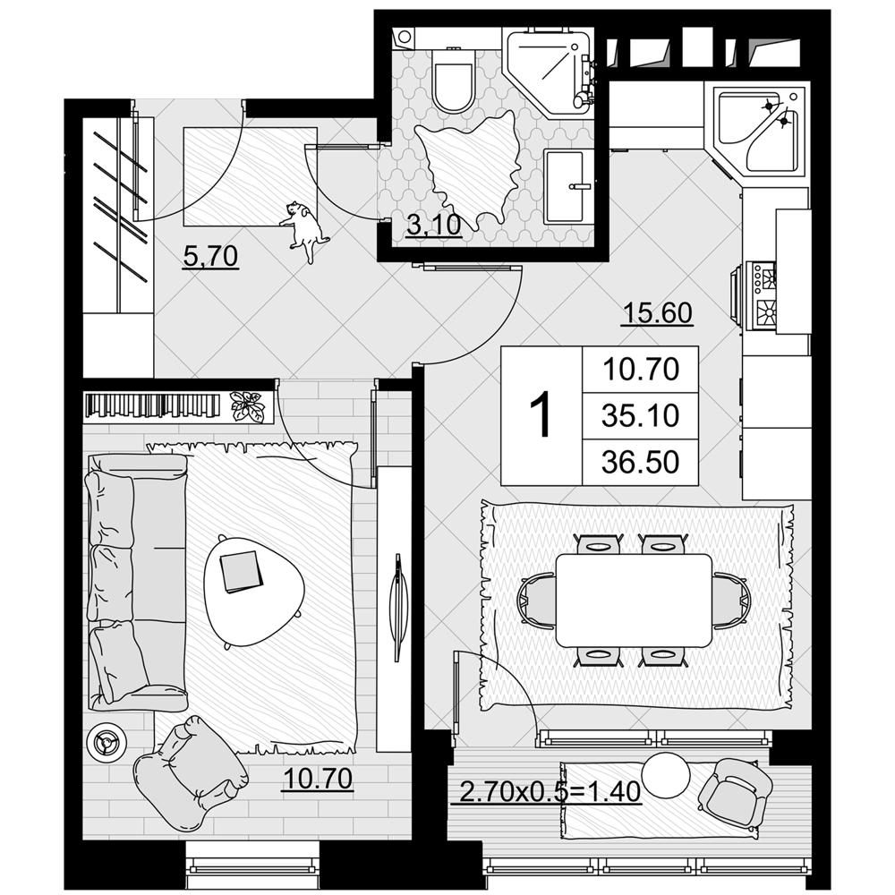 1-комн., 35.1 м², 11/12 этаж, ЖК «Песчаный»