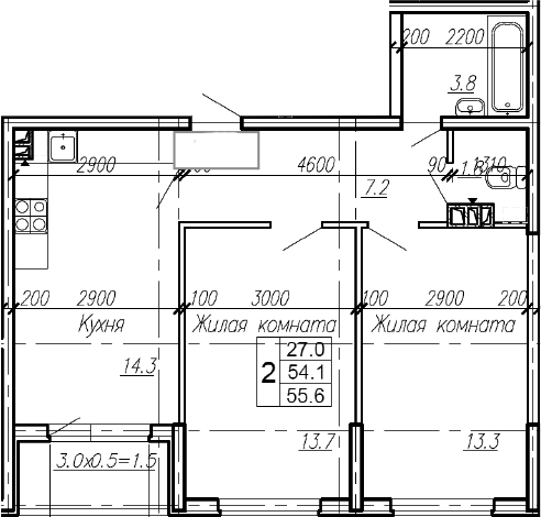 2-комн., 54.1 м², 2/4 этаж, ЖК «Эво»