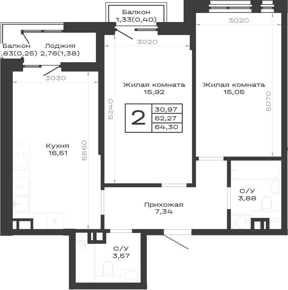 2-комн., 62.27 м², 6/9 этаж, ЖК «Суворов. ГК Во-первых»