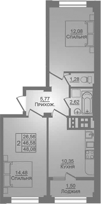 Продается 2-комн. квартира, 46.58 м²
