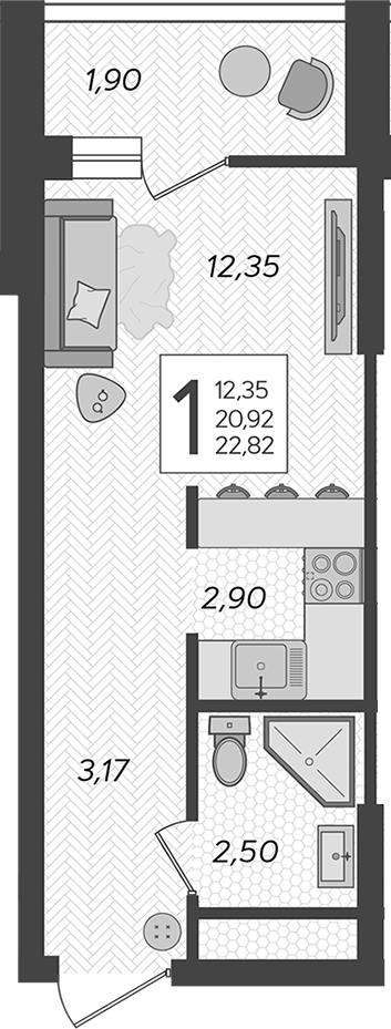 Студия, 20.92 м², 19/19 этаж, ЖК «Кислород»
