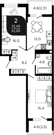 2-комн., 58.3 м², 8/22 этаж, ЖК «Отражение»