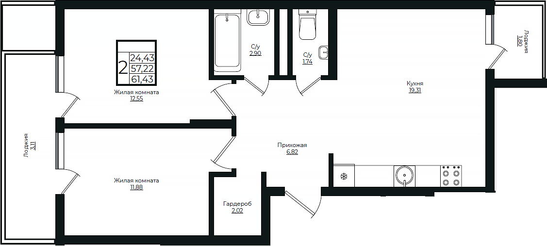 3-комн., 56.52 м², 4/10 этаж, ЖК «Европа-Сити»